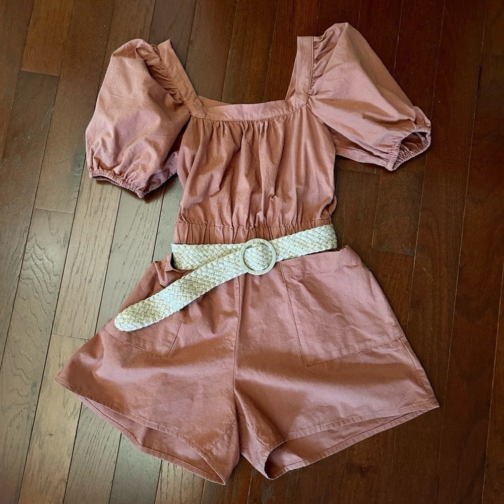 H&M BELTED ROMPER SIZE XS RUST BROWN cotton excellent condition - Picture 3 of 12